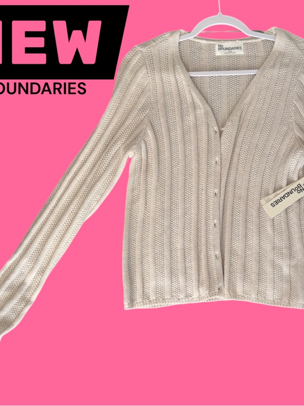 No Boundaries Women's Cream Button-Front Ribbed Cardigan